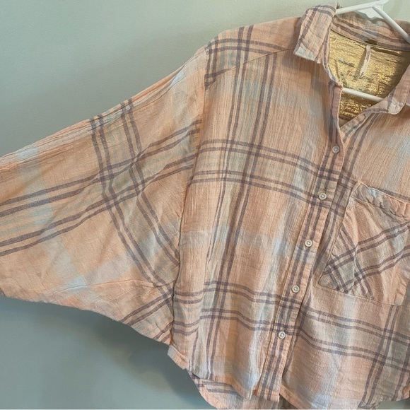 Free People Cotton Gauze Pink plaid slouchy cropped top small - Picture 2 of 6